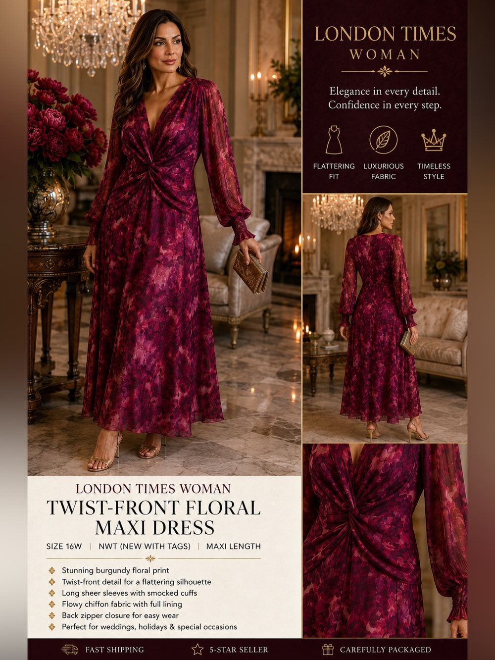 London Times Burgundy Floral Twist-Front mash Maxi Dress